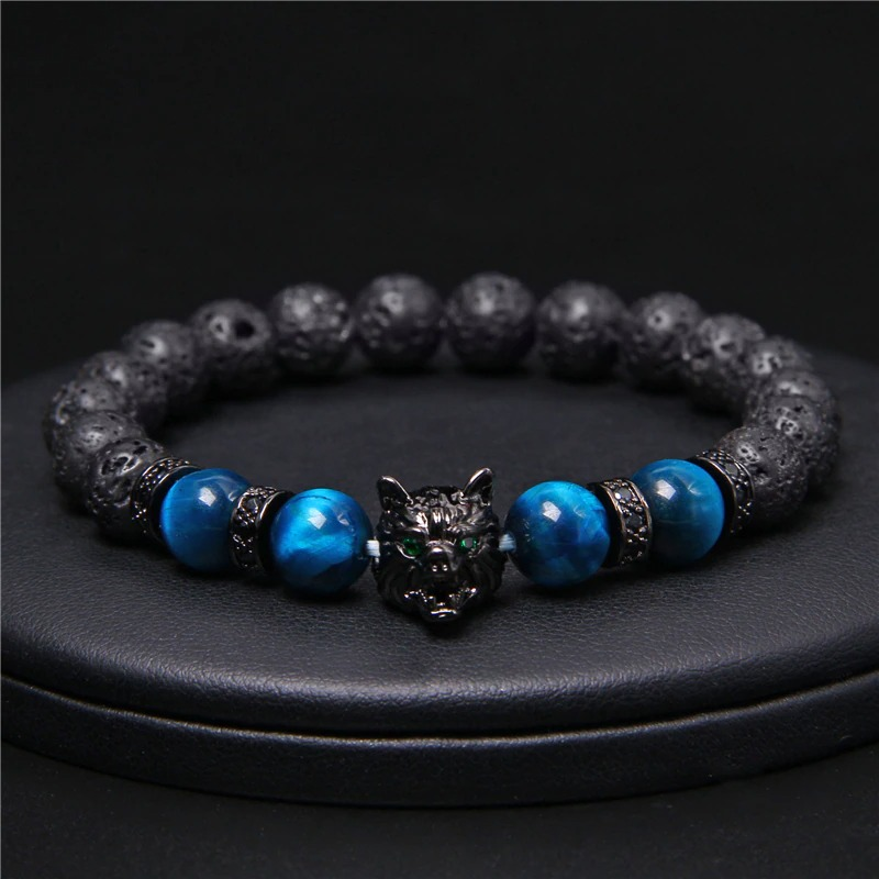 Natural Black Lava Stone Bracelet Wolf Charm / Elastic Jewelry with Animal Symbol