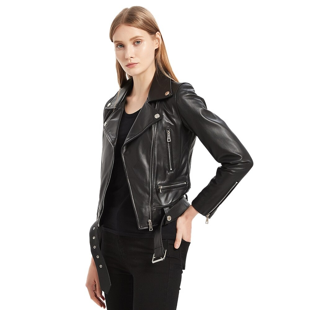Sheepskin Leather Jacket with Sashes / Women's Slim Jacket