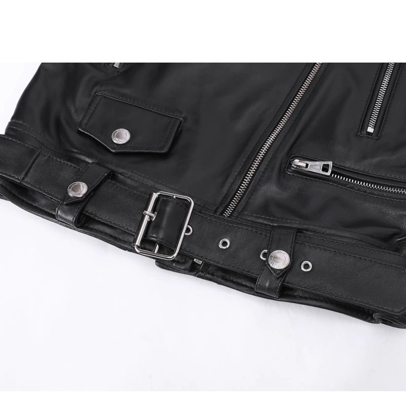 Sheepskin Leather Jacket with Sashes / Women's Slim Jacket