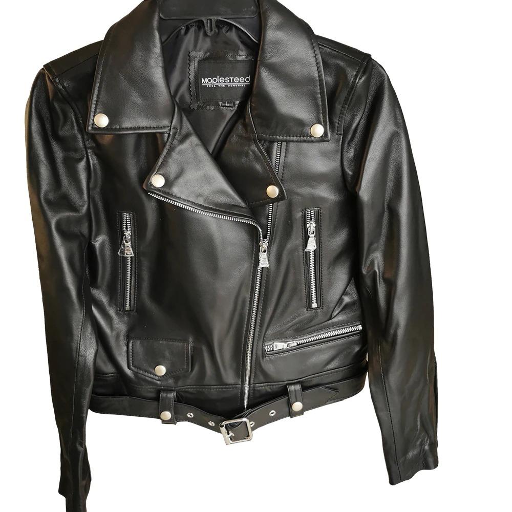 Sheepskin Leather Jacket with Sashes / Women's Slim Jacket