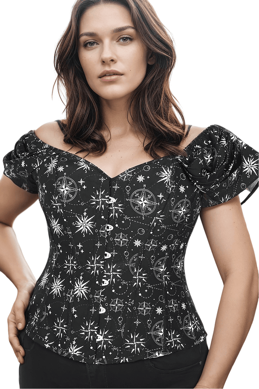 Nautical Print Corset Top with Off-Shoulder Sleeves