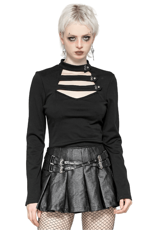 Neck Cutout Long Sleeved Gothic Top with Button Detail