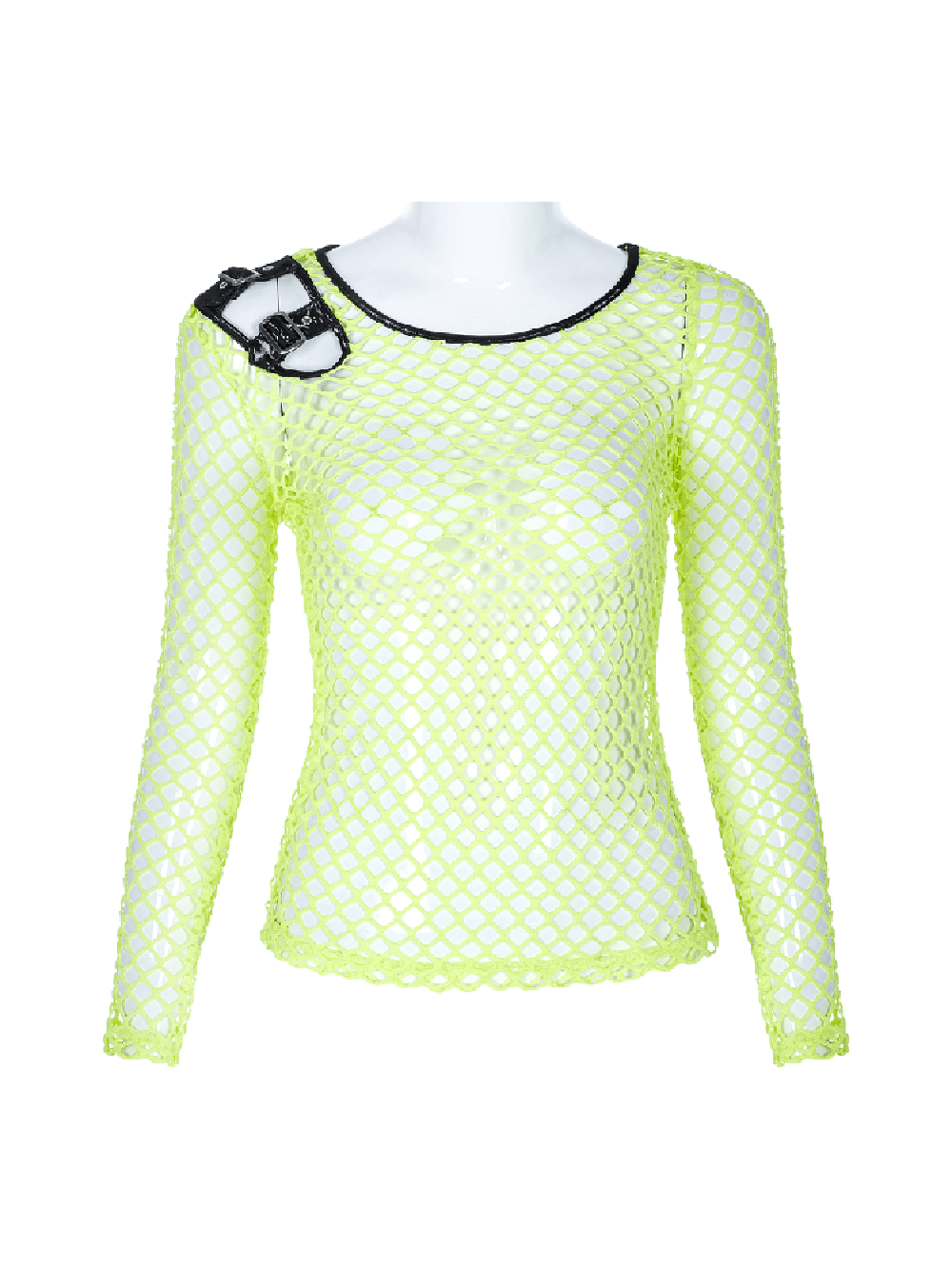 Neon Green Mesh Long Sleeve Fishnet Top with Punk Details