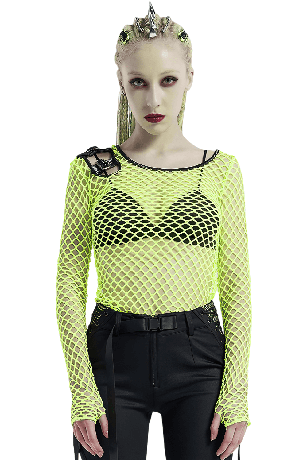 Neon Green Mesh Long Sleeve Fishnet Top with Punk Details