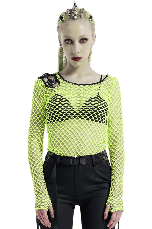 Neon Green Mesh Long Sleeve Fishnet Top with Punk Details