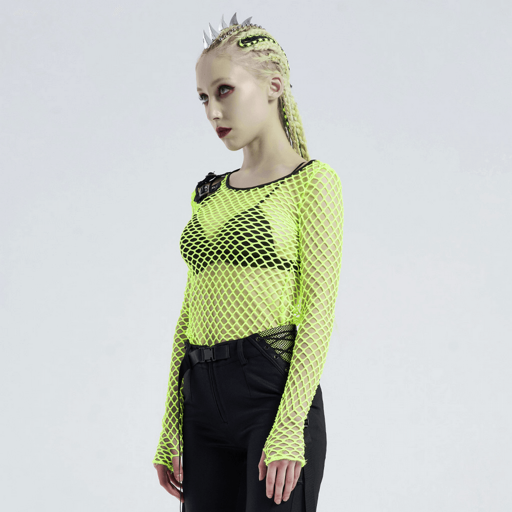 Neon Green Mesh Long Sleeve Fishnet Top with Punk Details