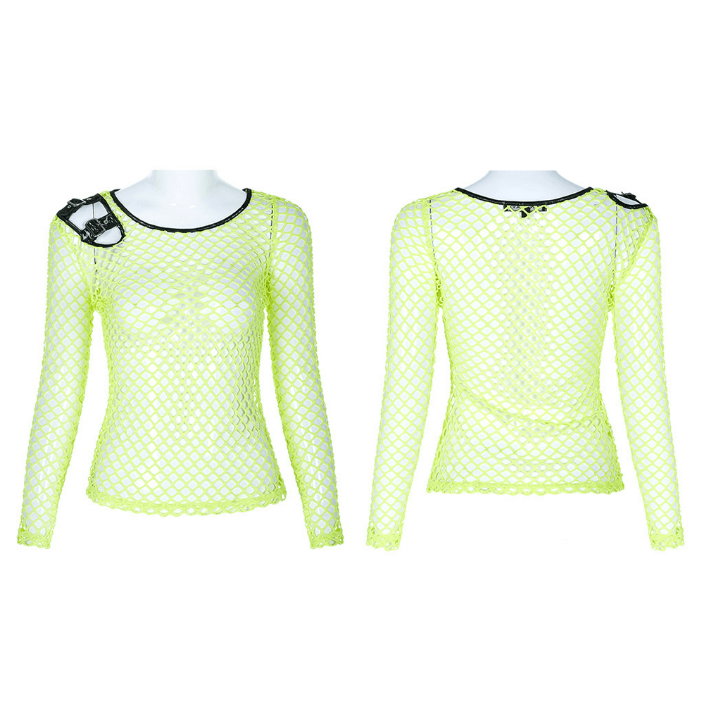 Neon Green Mesh Long Sleeve Fishnet Top with Punk Details