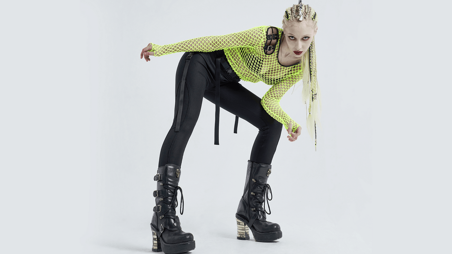 Neon Green Mesh Long Sleeve Fishnet Top with Punk Details