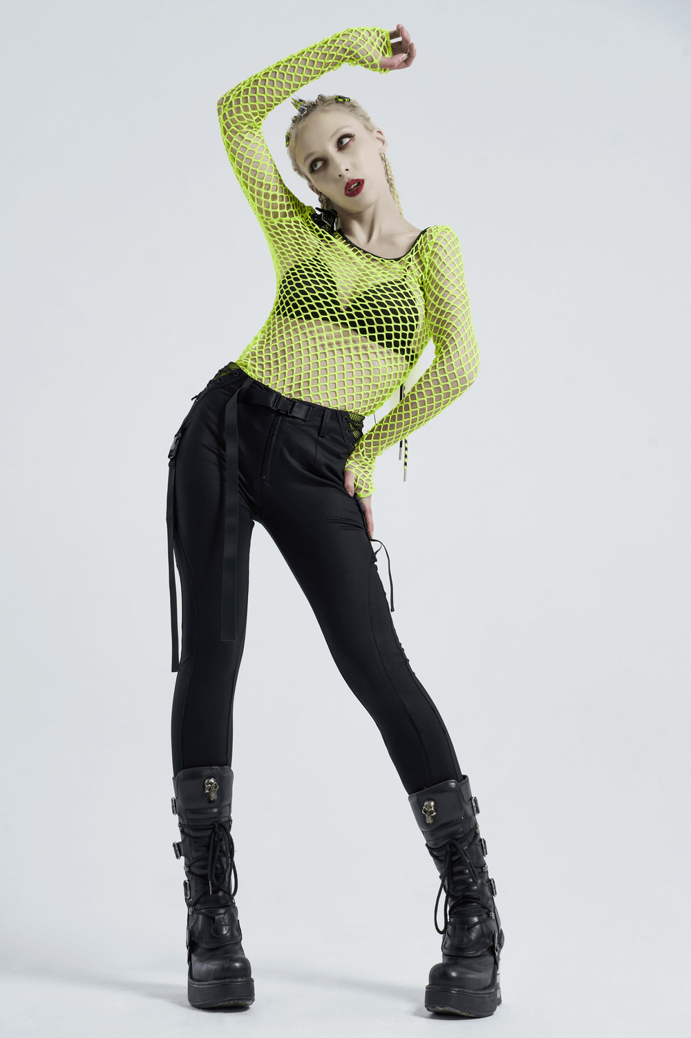 Neon Green Mesh Long Sleeve Fishnet Top with Punk Details