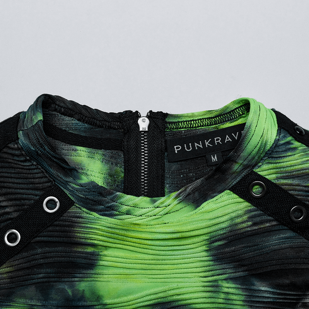 Neon Green Tie Dye Sleeveless Tank Top with Rivet Details