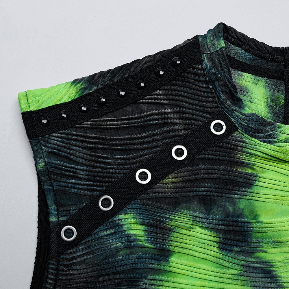 Neon Green Tie Dye Sleeveless Tank Top with Rivet Details