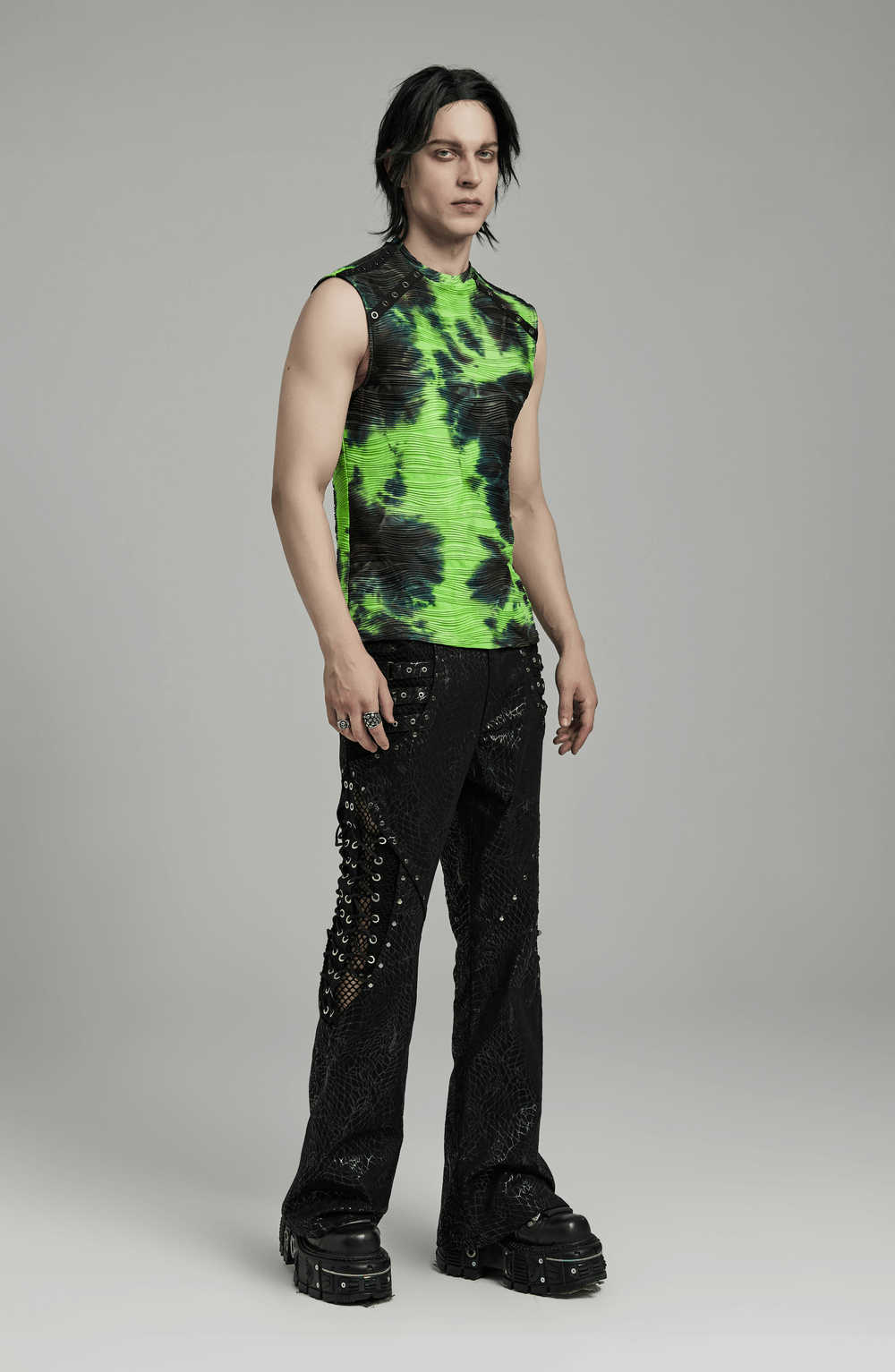 Neon Green Tie Dye Sleeveless Tank Top with Rivet Details