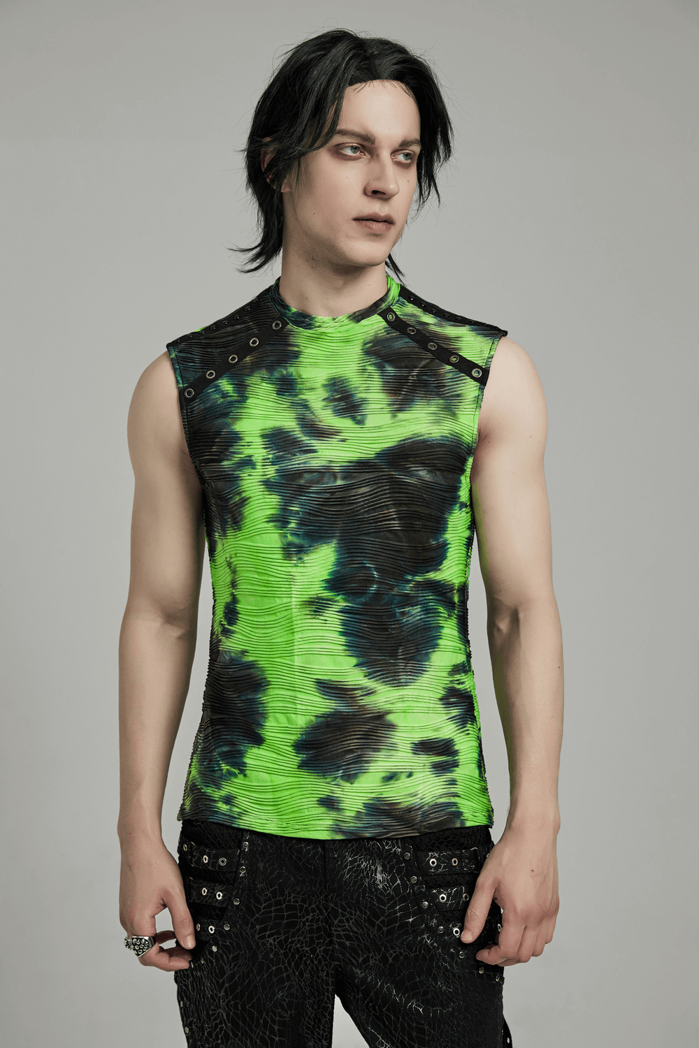 Neon Green Tie Dye Sleeveless Tank Top with Rivet Details