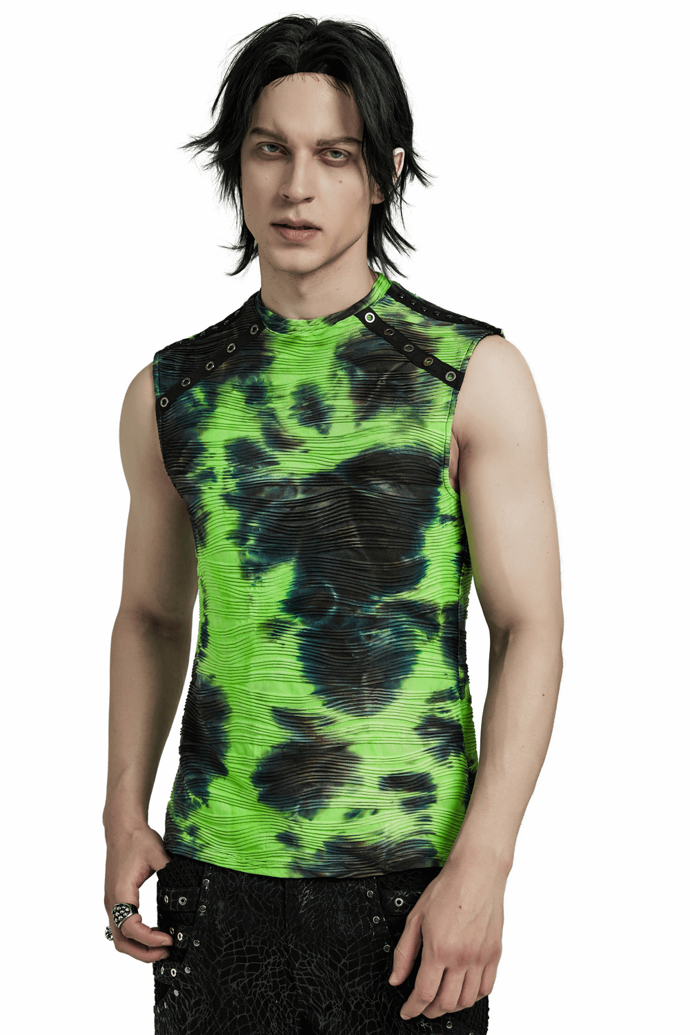 Neon Green Tie Dye Sleeveless Tank Top with Rivet Details