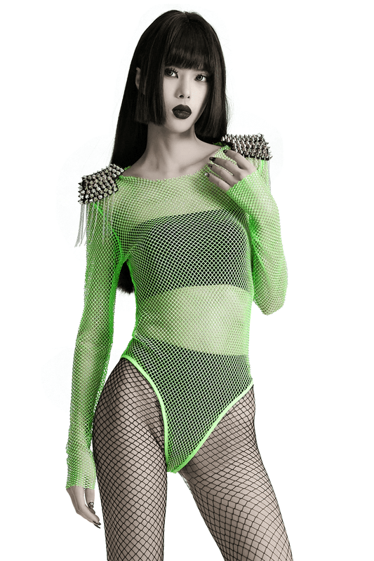 Neon Mesh Bodysuit with Detachable Spike Shoulder Patches