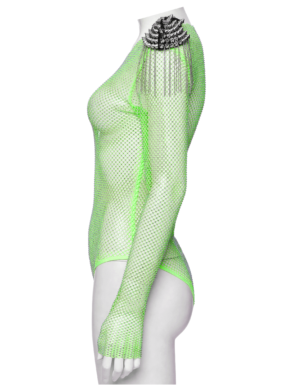 Neon Mesh Bodysuit with Detachable Spike Shoulder Patches
