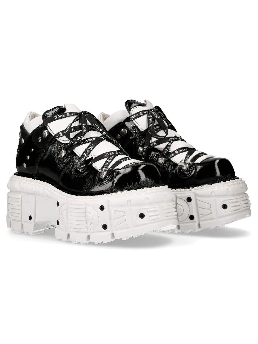NEW ROCK Men's Black and White Platform Rock Boots with Laces