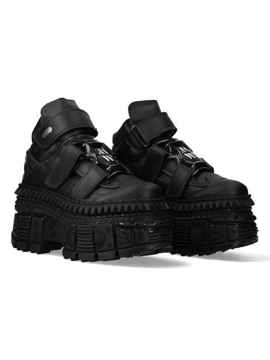 NEW ROCK Women's Black Ankle Boots with Chunky Sole and Metallic Detail