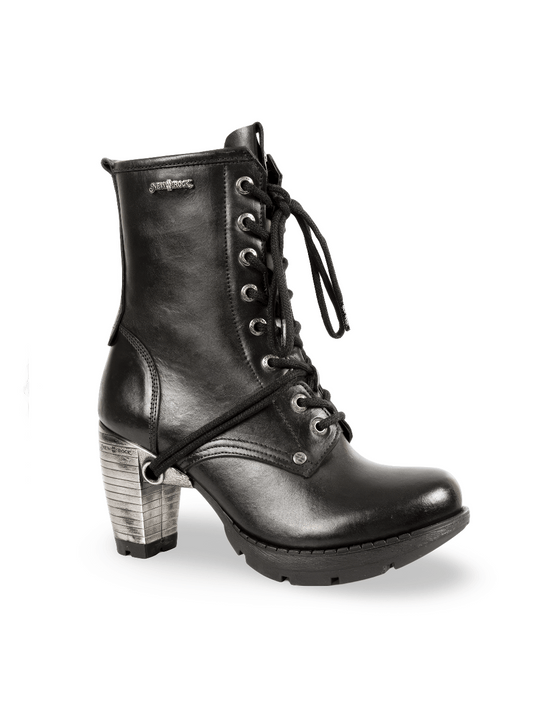NEW ROCK Black Ankle Boots with Metallic Heels and Laces