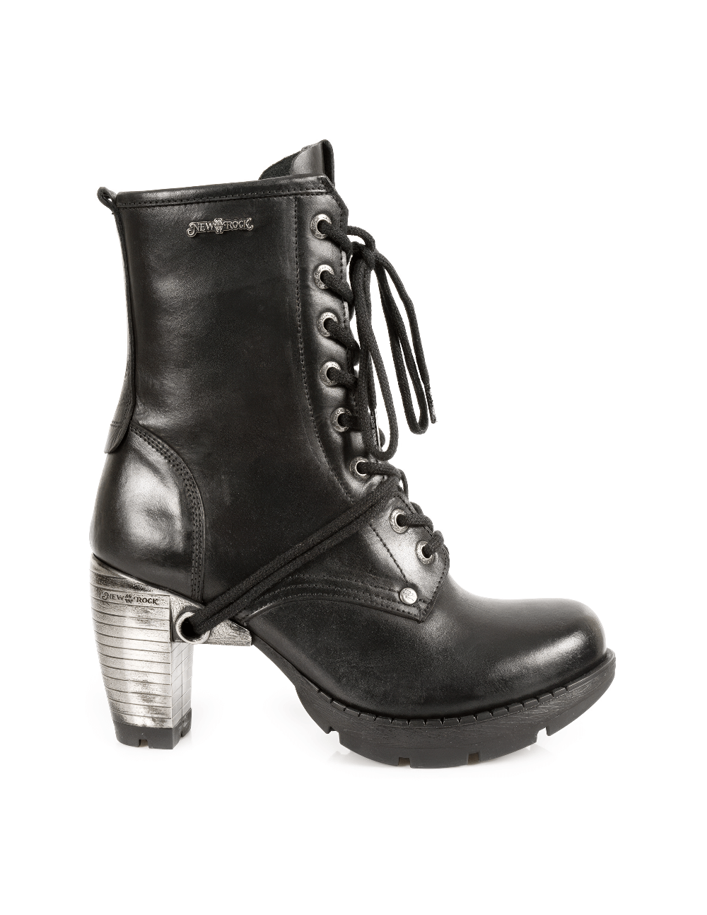 NEW ROCK Black Ankle Boots with Metallic Heels and Laces