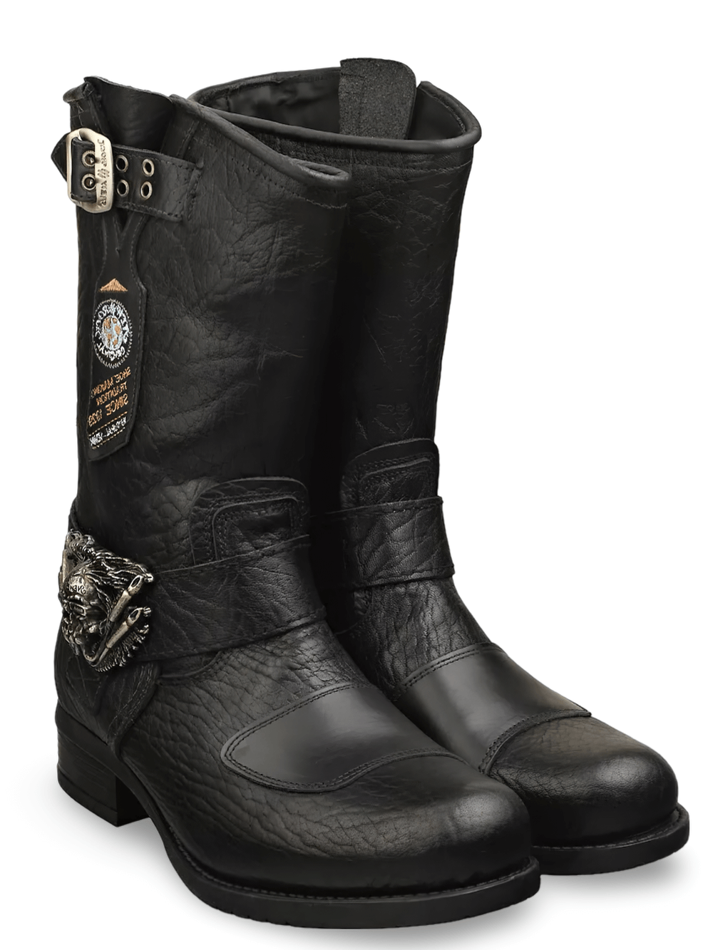 NEW ROCK Black Leather Biker Boots with Skull Buckles