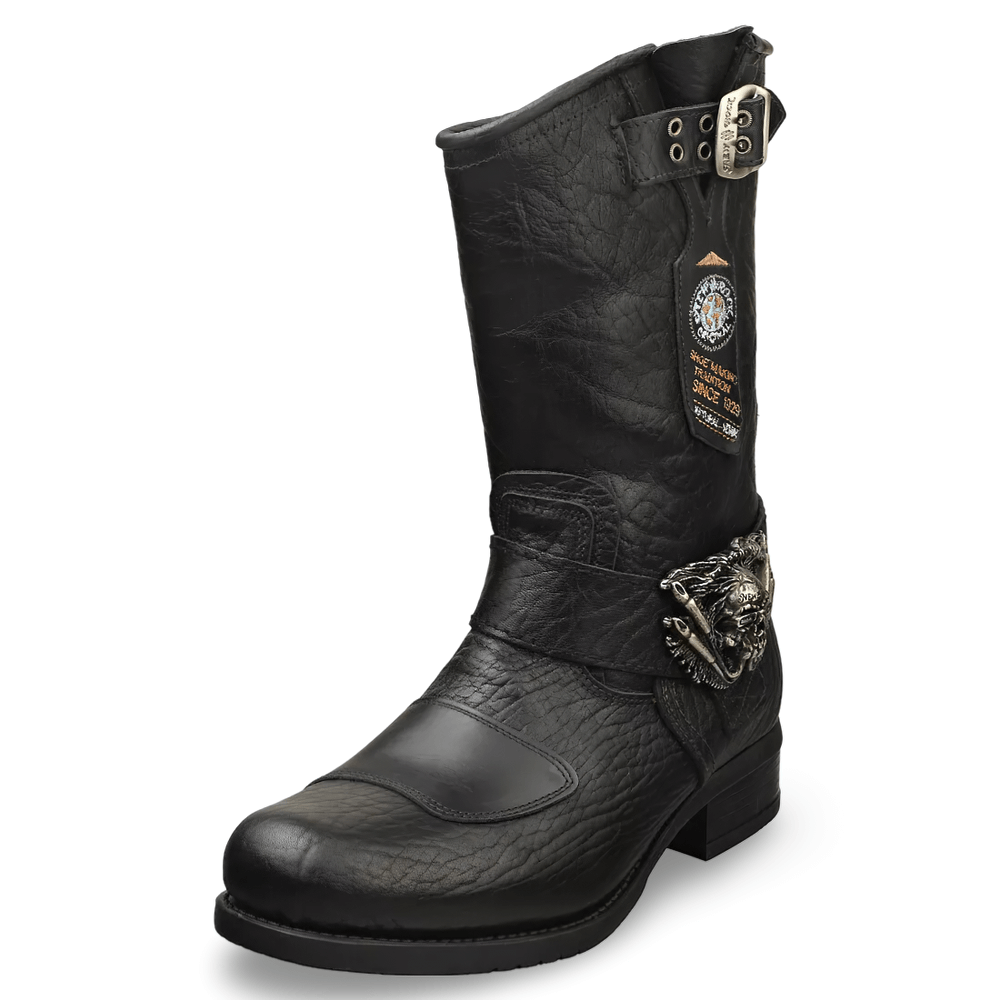 NEW ROCK Black Leather Biker Boots with Skull Buckles