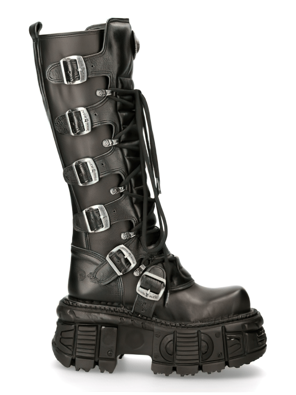 NEW ROCK Women's Black Leather Knee-High Boots with Buckles