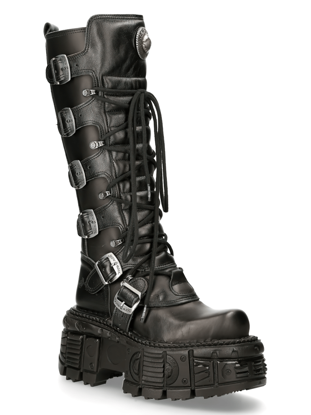 NEW ROCK Women's Black Leather Knee-High Boots with Buckles