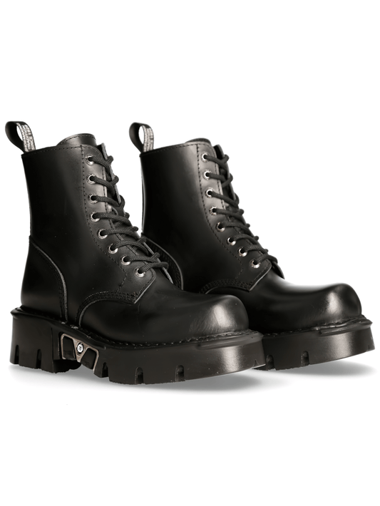 NEW ROCK Women's Black Leather Military-Inspired Platforms Boots