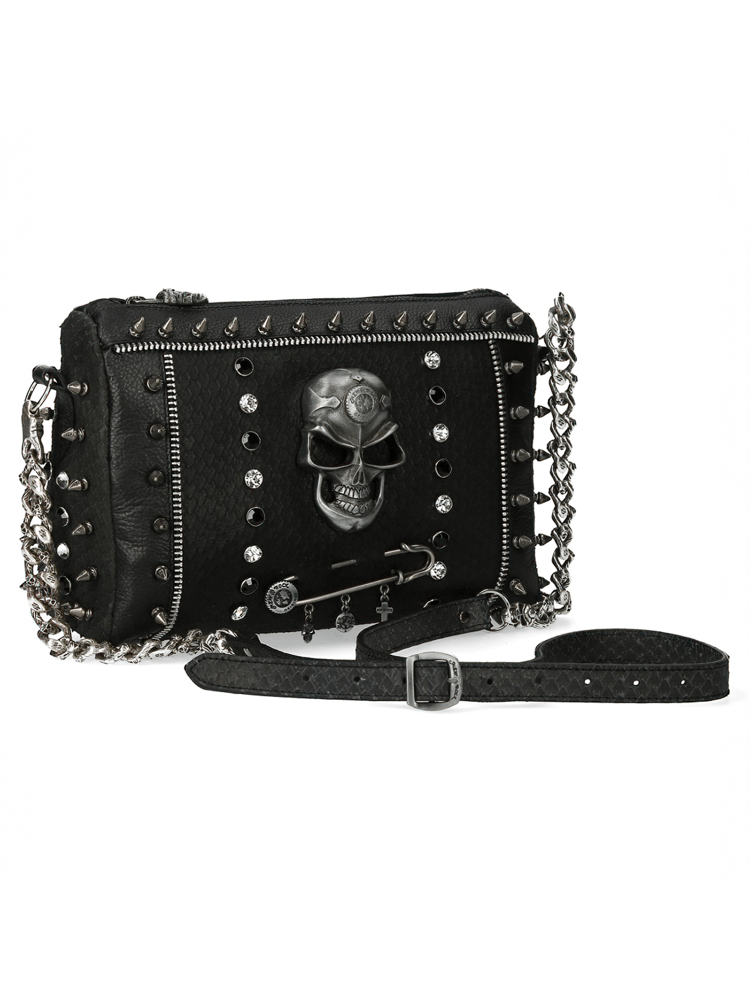 NEW ROCK Black Studded Crossbody Bag With Skull Design and Chain Strap