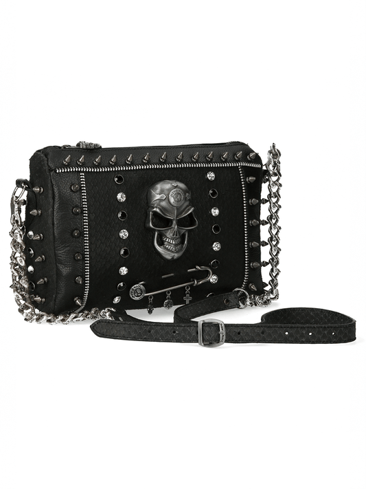 NEW ROCK Black Studded Crossbody Bag With Skull Design and Chain Strap