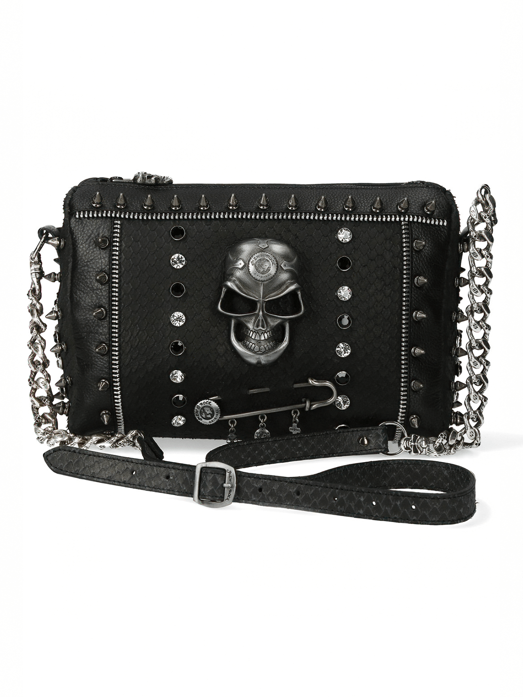 NEW ROCK Black Studded Crossbody Bag With Skull Design and Chain Strap