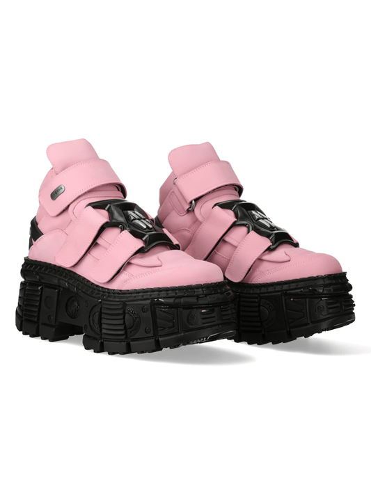NEW ROCK Women's Bold Pink Heavy Ankle Boots with Velcro Straps