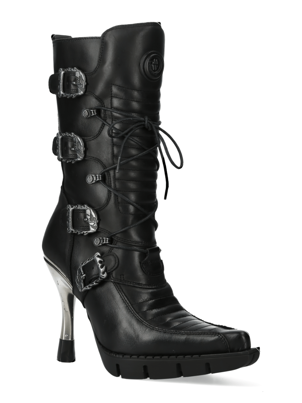 NEW ROCK Chic Urban Black Buckled Lace-Up Heel Boots