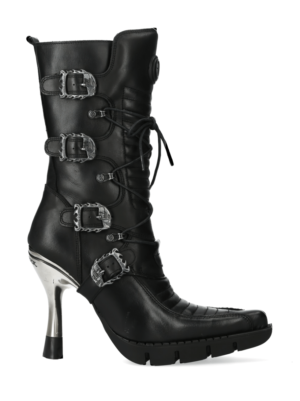 NEW ROCK Chic Urban Black Buckled Lace-Up Heel Boots