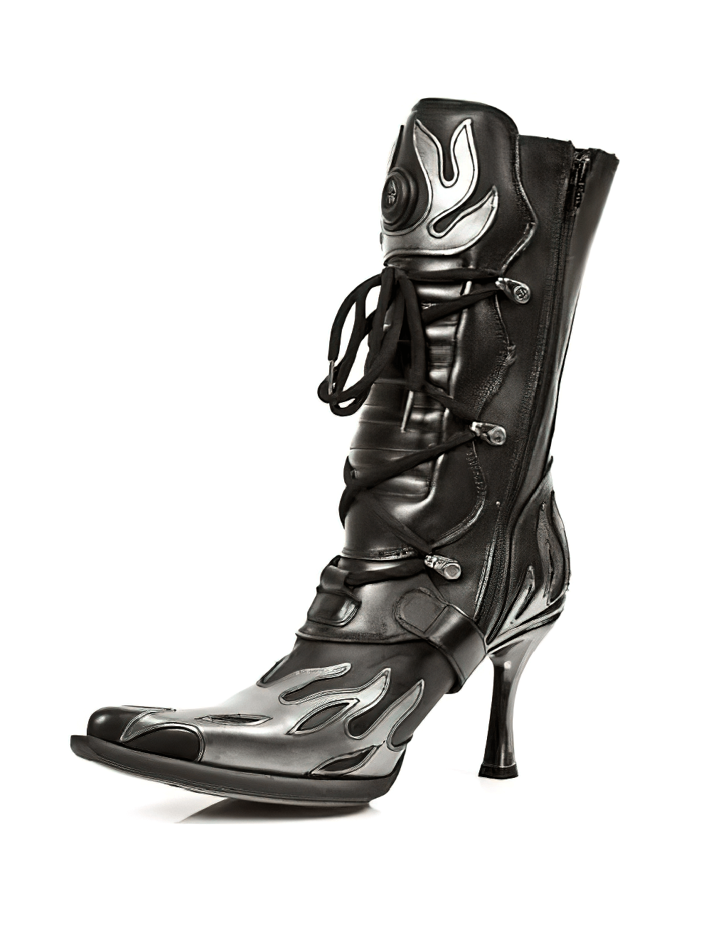 NEW ROCK Edgy Black Buckled Boots with Metallic Heels
