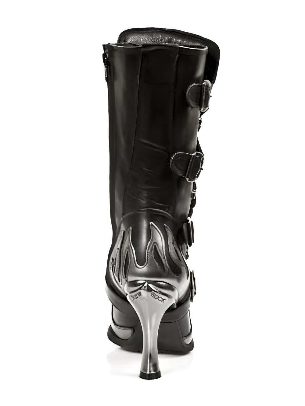 NEW ROCK Edgy Black Buckled Boots with Metallic Heels