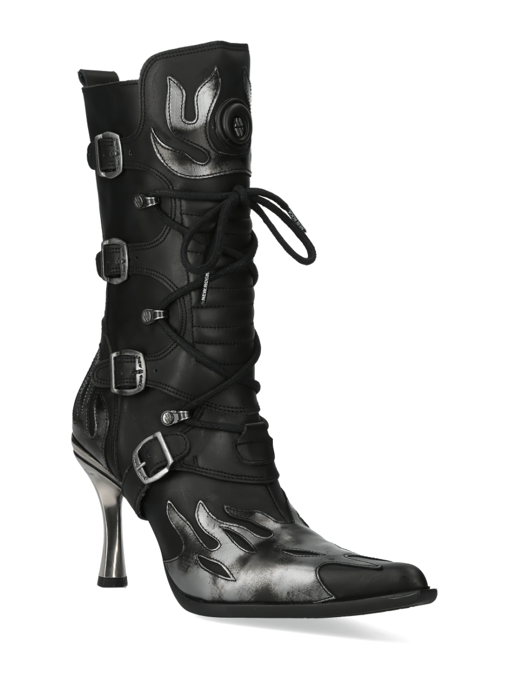NEW ROCK Edgy Leather Flame High Heel Laced Boots