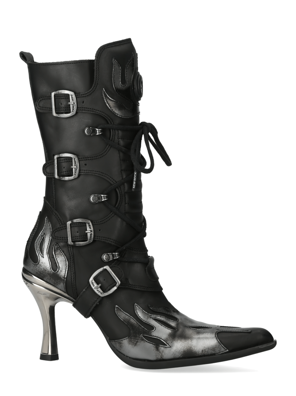 NEW ROCK Edgy Leather Flame High Heel Laced Boots