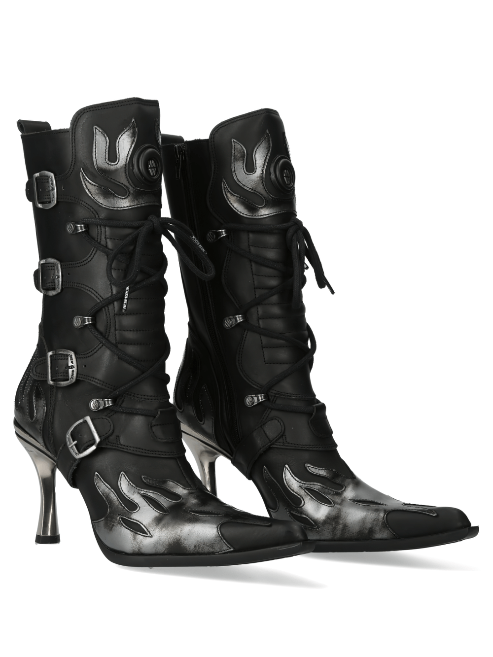 NEW ROCK Edgy Leather Flame High Heel Laced Boots