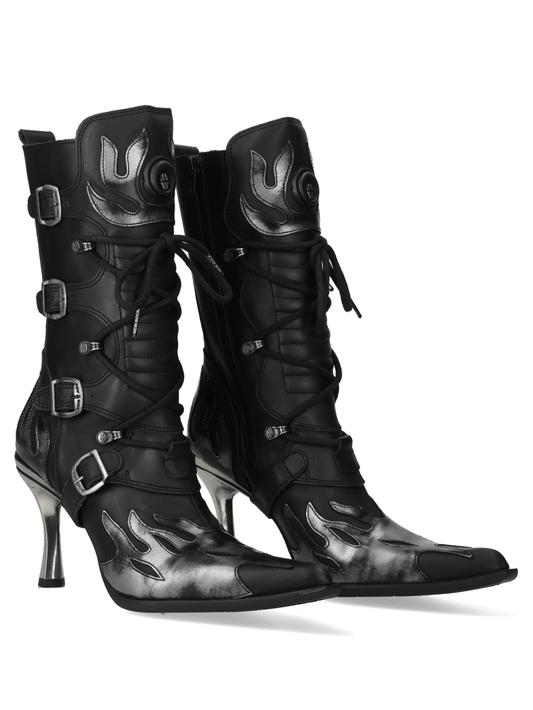 NEW ROCK Edgy Leather Flame High Heel Laced Boots