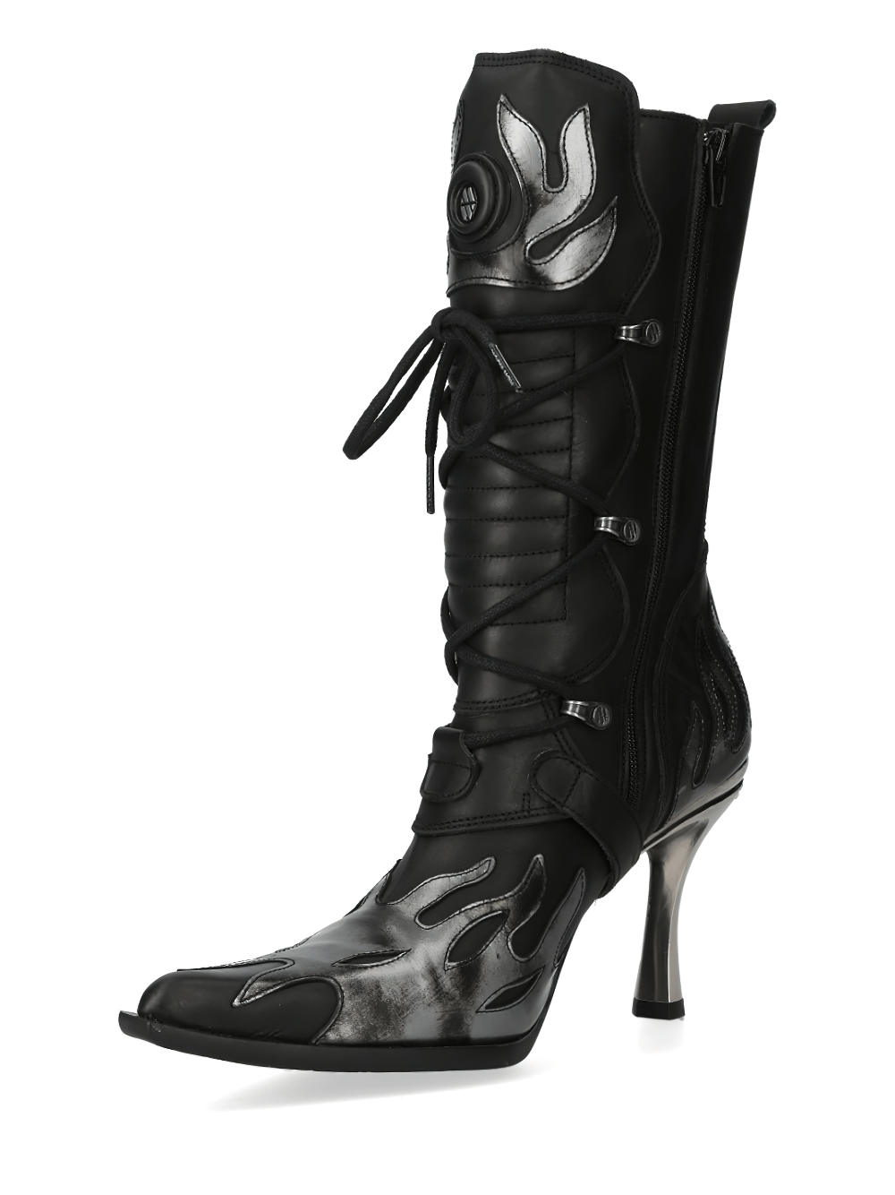 NEW ROCK Edgy Leather Flame High Heel Laced Boots