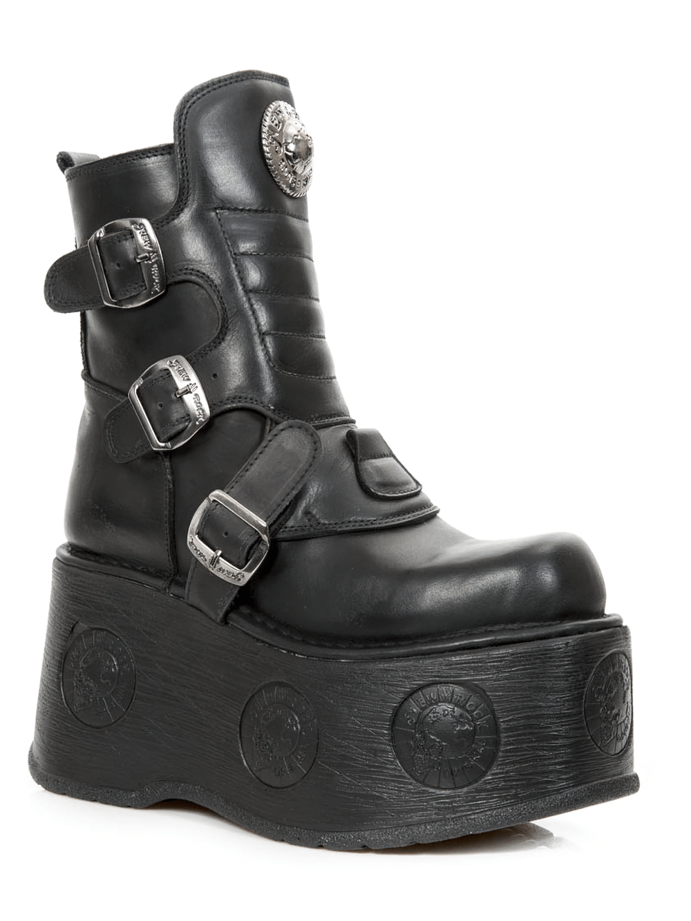 NEW ROCK Women's Edgy Rugged Black Buckled Platform Boots