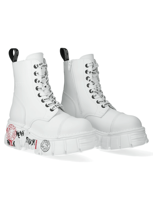 NEW ROCK Women's Edgy White Platform Boots with Punk Badges