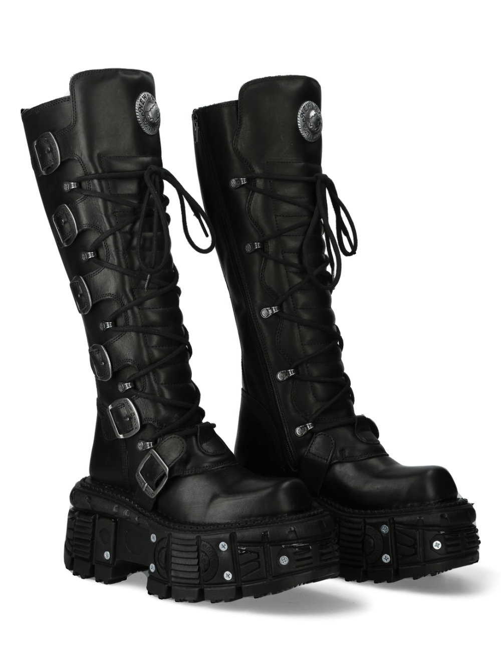 NEW ROCK Men's Gothic Leather Buckle Lace-Up Platform Boots