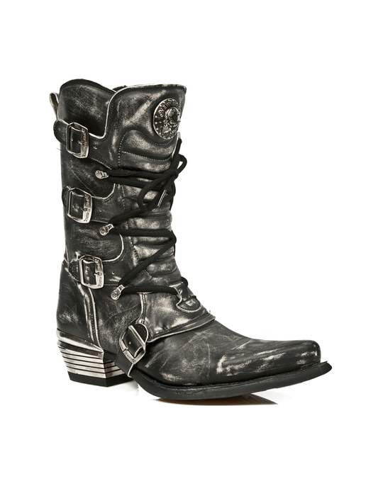 NEW ROCK Men's Urban Black Leather Buckle Boots