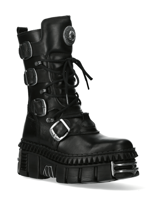 NEW ROCK Men's Metallic Buckle Lace-Up Platform Boots