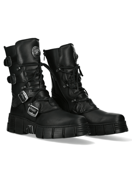 NEW ROCK Men's Platform Boots with Buckles and Metallic Emblem