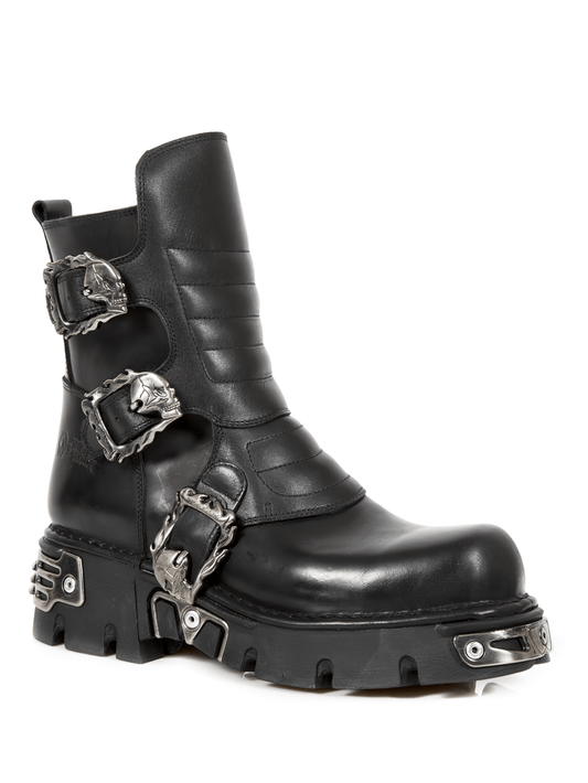 NEW ROCK Men's Punk Black Leather Boots with Metal Buckles