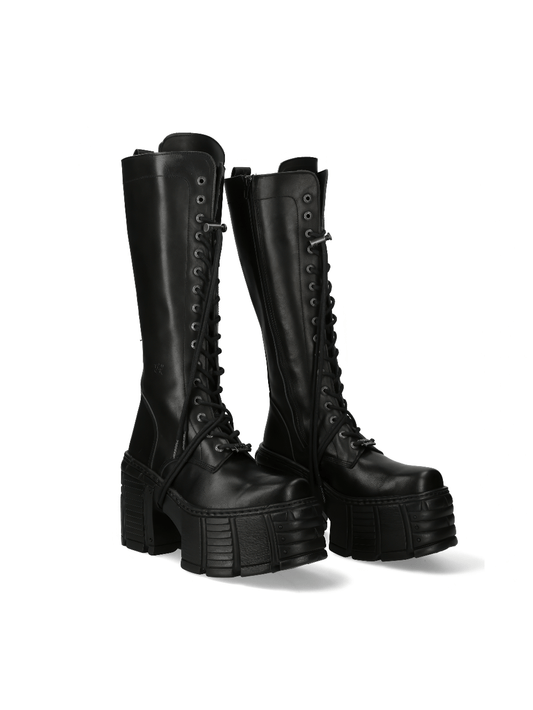 NEW ROCK Punk Lace-Up Black Leather Knee High Boots